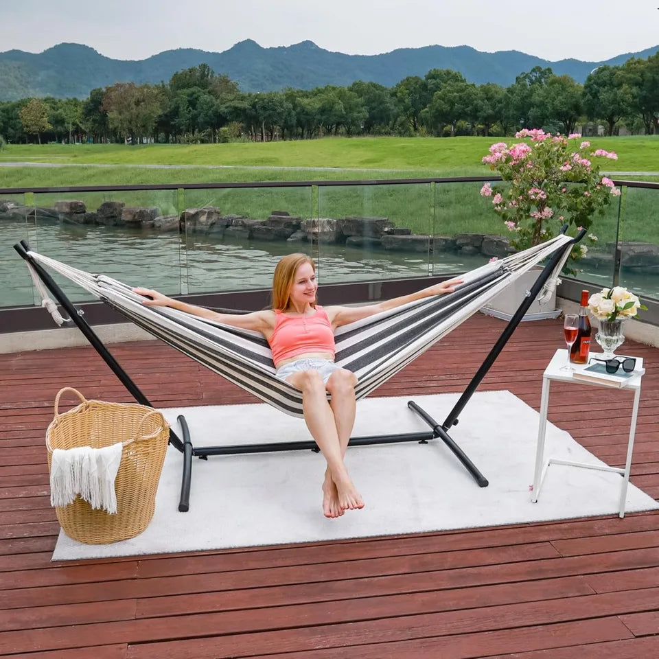 Hammock with Stand for Outside, Heavy Duty Space Saving Steel Stand with,Double Hammock with Portable Carrying Bag