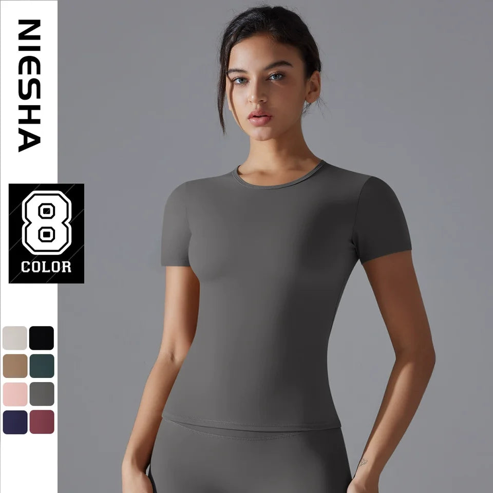 Yoga Short Sleeve Sports T-shirt Women Push Up Tops Running Clothes Yoga Fitness Crop Top Gym Workout Shirts Tight Sports Top